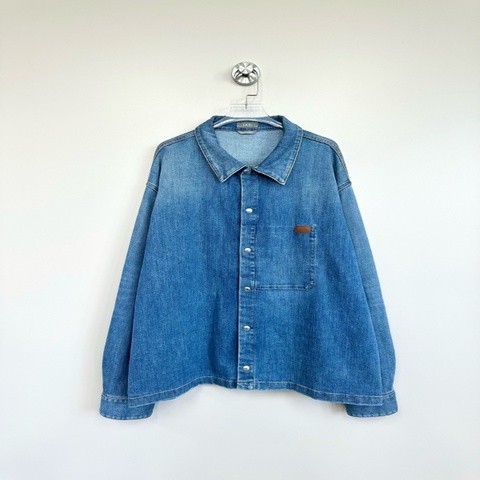 Dior迪奧 藍色皮牌logo水洗牛仔襯衫外套 54碼