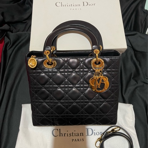 Christian Dior LADY DIOR 金釦黑黛妃包手提包 肩背包5x5