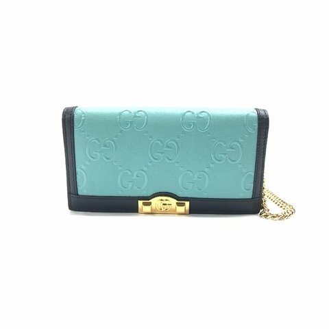 Gucci 藍色拼色 GG wallet with chain 牛皮 鏈條 斜背包