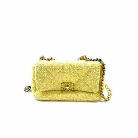 Chanel 黃色 19bag 毛呢 30開 小號 肩背包