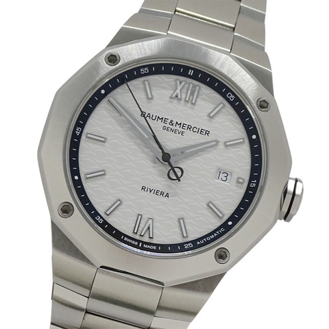 名士 (Baume & Mercier) Riviera M0A10829 男士腕錶，品牌名稱，日期顯示，自動上鍊機芯，不銹鋼 (SS) 錶殼，銀色，白色，透底錶背