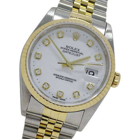 Rolex Datejust 16233G W 序號男士腕錶，品牌名稱，10 顆鑽石，自動機芯，不鏽鋼 (SS)，黃金 (YG)，白色飾邊。