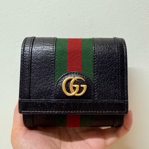 GUCCI Ophidia 雙G金字LOGO 牛皮綠紅綠條紋壓扣式零錢短夾