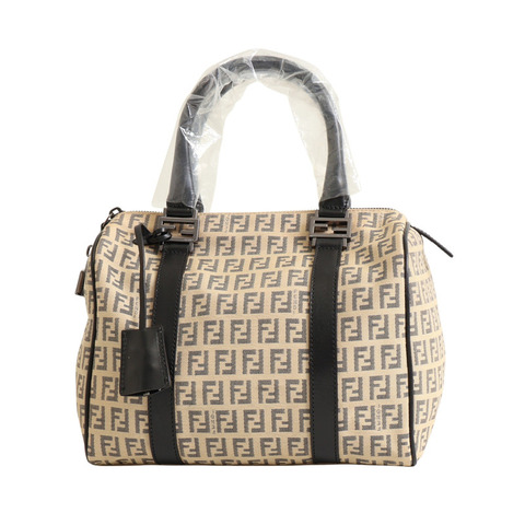 FENDI 芬迪 Zucchino 手提包 波士頓包 米色帆布 棕色牛皮 8BL068
