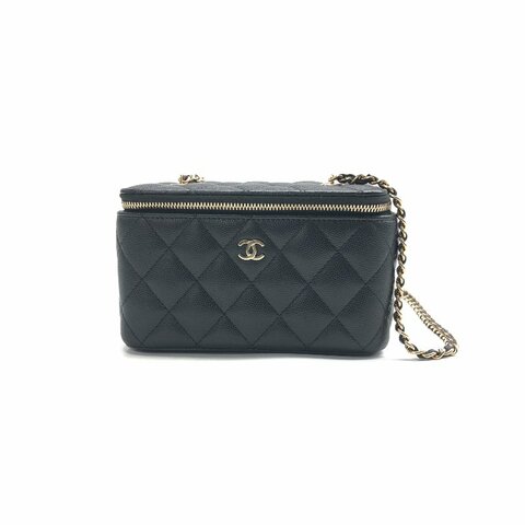 Chanel 黑金 23C 化妝盒 長盒子 荔枝牛皮 晶片 肩背包