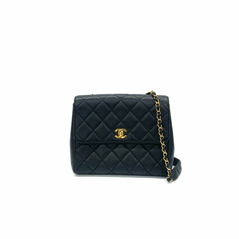 Chanel 黑色 cf 方胖子 荔枝牛 4開 肩背包