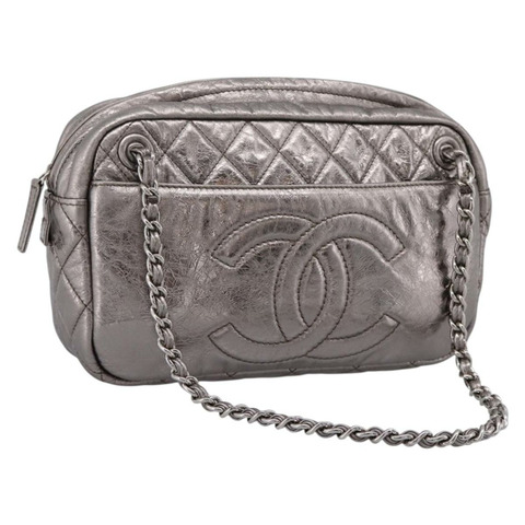 香奈兒 (CHANEL) 絎縫 COCO 標誌鏈單肩包 皮革 銀色 CC 正品 yk20943V
