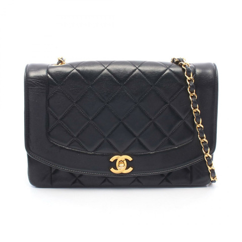 香奈兒 (CHANEL) 絎縫 Diana 翻蓋鏈條單肩背包 01165 羊皮 黑色 二手 金色五金