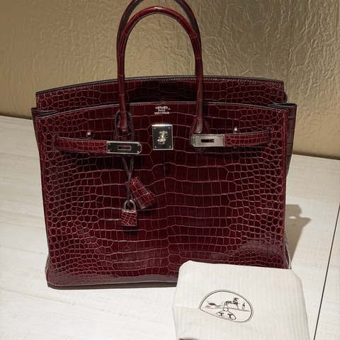 Birkin 35/ 酒紅銀扣鱷魚皮