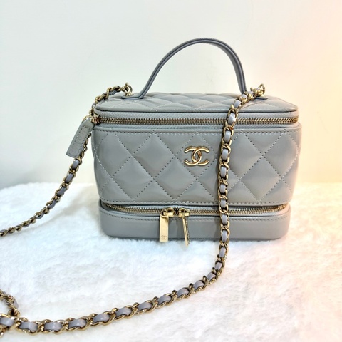 香奈兒Chanel Vanity Case灰金手提鏈條化妝箱包/長盒子包