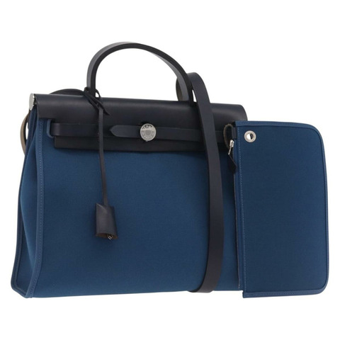愛馬仕 Herbag Zip PM 手提包，帆布皮革，兩用，海軍藍/銀色，正品 202516SAM