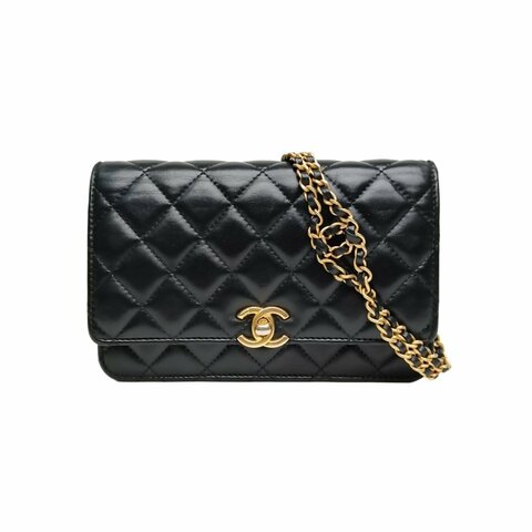 Chanel 黑色 羊皮 晶片開 金扣 23P 雙C徽標 雙鏈 19cm woc