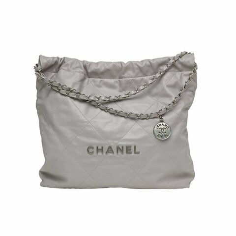 Chanel 22Bag Tote托特包 中號 35cm 灰色 牛皮 晶片開 銀扣