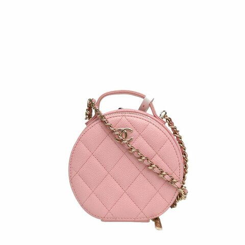 Chanel CF 季節款 22早春 拉鏈 翻蓋 含鏡子 圓餅包 粉色 牛皮 31開 淺金扣