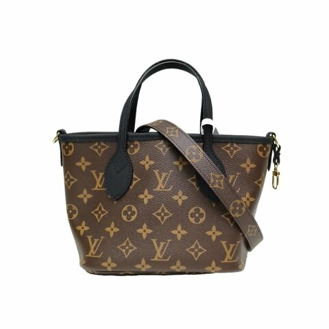 Louis Vuitton 老花 PVC 晶片 Neverfull BB 24 可拆卸肩帶 帶子袋 黑色配皮