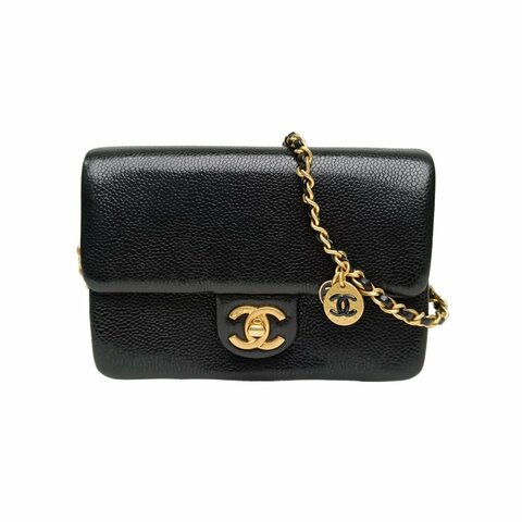 Chanel 黑色 荔枝牛皮 晶片開 金扣 24K CF 口蓋包 方胖子 17cm 雙C吊墜鏈條