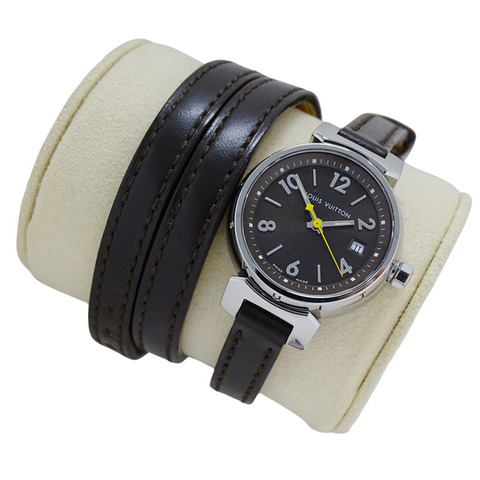 路易威登 (Louis Vuitton) 女士腕錶，Tambour 三重線圈日期顯示，石英機芯，不鏽鋼錶殼，皮革錶帶，Q1211