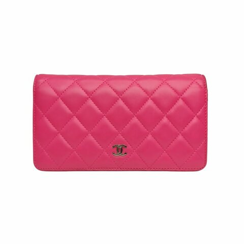 Chanel 玫紅 羊皮 19開 銀扣 錢包