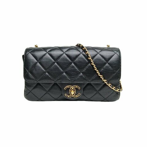 Chanel 黑色 羊皮 晶片開 金扣 22C 黑金羊皮菱格紋鏈條包