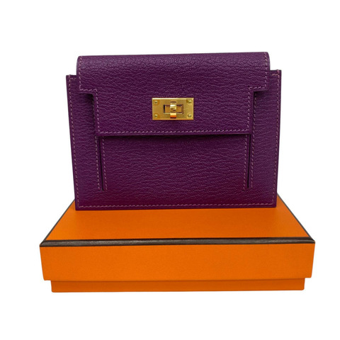 ☆ HERMES 愛馬仕 Purple Chamkilight Goatskin Gold Plated Metal Kelly Pocket Stamp Y Coincase 紫色山羊皮鍍金金屬Y刻硬幣包-267018702