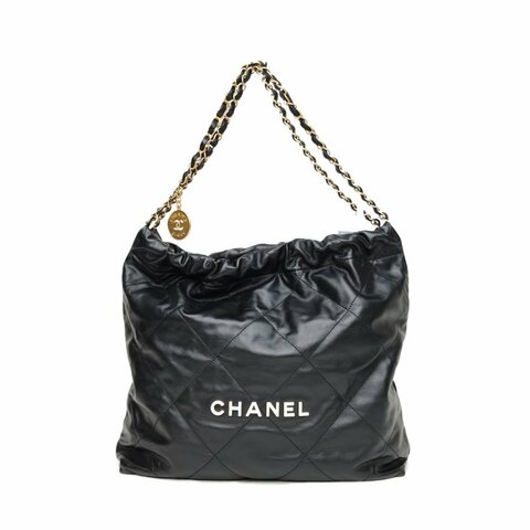 Chanel 22Bag Tote托特包 中號 35cm 黑色 牛皮 晶片開 白扣