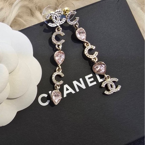 Chanel 香奈兒 23P 滿鑽CC 粉色愛心垂墜耳環/雙C水鑽長鏈款/全新閒置美品