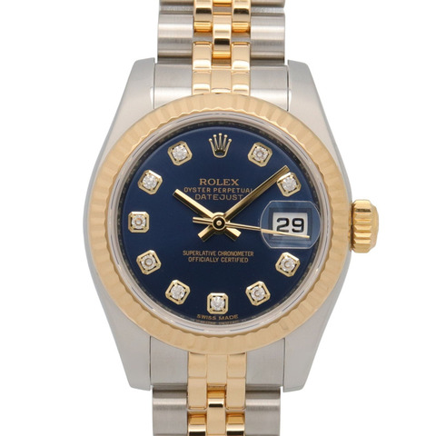 Rolex Datejust 10P 鑲鑽隨機序號腕錶 18K（黃金）不鏽鋼女士藍色錶盤全新 179173G