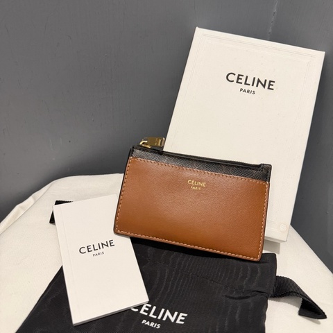 Celine TRIOMPHE 老花 皮革 拉鍊卡夾 零錢包