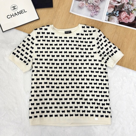 Chanel 14S 米白藏藍蝴蝶結針織上衣 Size 44