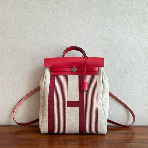 Hermes/愛馬仕 herbag Ados雙肩包 紅色拼帆布銀扣限量款