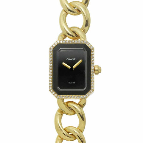 Chanel Premiere 大號 H0113 女士腕錶，鑲鑽錶圈，錶扣，黑色，18K 黃金，實心石英機芯。