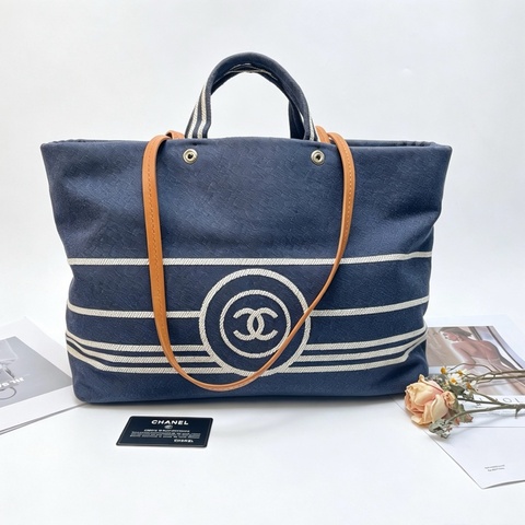 香奈兒 Chanel 海軍藍 條紋 牛仔 沙灘包大號。