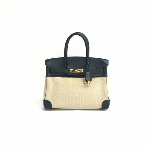 Hermès 深藍 帆布拼皮 Birkin30 框a刻 手提包