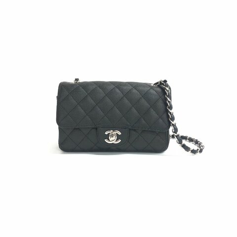 Chanel 黑銀 CF 大mini 25開 荔枝牛 肩背包