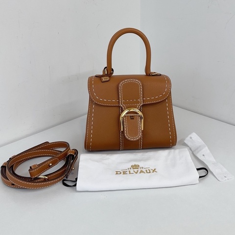 【近新閒置品】99新Delvaux德爾沃 Brilliant mini高端系列 金棕 外縫線 銀色經典馬蹄扣手提斜背包