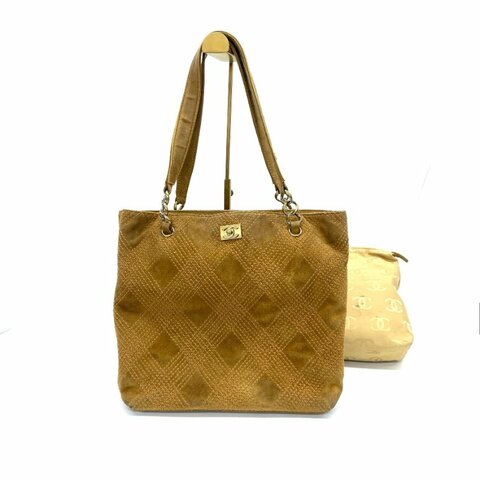 Chanel 棕色 托特 7開中古 菱格紋 絨布拼皮 肩背包