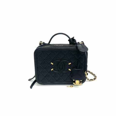Chanel 黑金 相機包 vanity case 荔枝牛 26開 肩背包