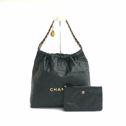 Chanel 黑金 22K 22bag 中號 油蠟牛皮  肩背包