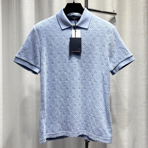 LV 路易威登 短袖 POLO衫 M碼 暗紋老花滿印 毛巾立體logo 紐扣 翻領 棉錦綸混紡 藍色