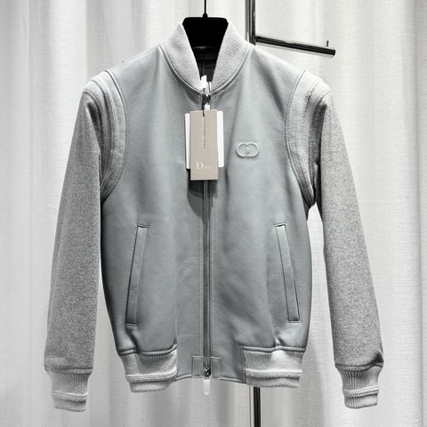 DIOR 迪奧 皮衣夾克 外套 44碼 SS25 牛皮CD浮雕logo 內里滿印 拼接 拉鍊 牛皮面料 灰色