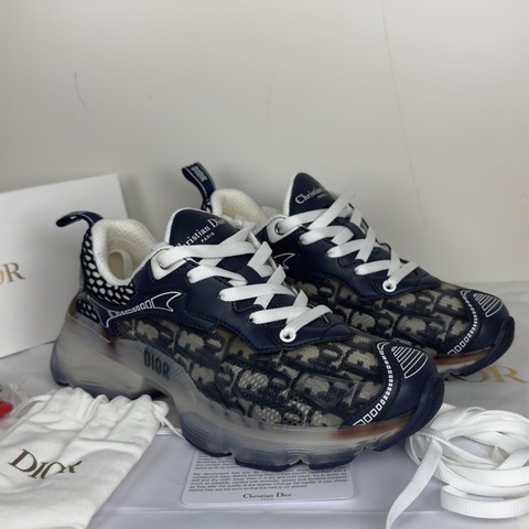 DIOR迪奧Vibe系列老花運動鞋，深藍配色，36.5碼，女士低幫鞋，鞋面織物+皮革拼接，透明氣墊底，鞋底滿印老花