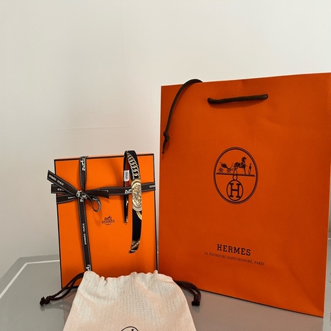 HERMÈS 愛馬仕《全新全配》2026年絲巾髮箍 深藍金色 經典圖騰 法國製