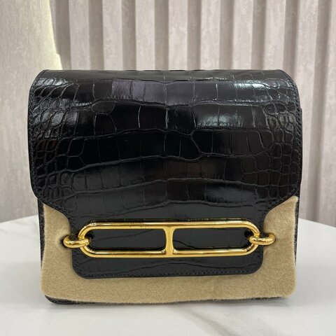 愛馬仕 Hermès Roulis Mini 豬鼻子包 黑色 方塊鱷魚 金扣｜A刻