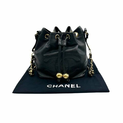 【美收精品】Chanel  黑色荔枝紋牛皮抽繩水桶包 D-134【隔月月中將轉賣至日本 上架期限30天】
