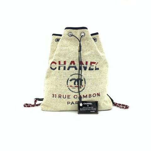 Chanel 米色 條紋 帆布 沙灘 26開 後背包