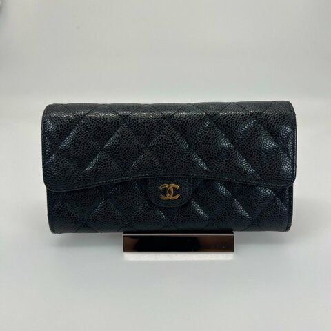 CHANEL CF掀蓋長夾 黑荔枝金釦 AP0241/保卡款31開