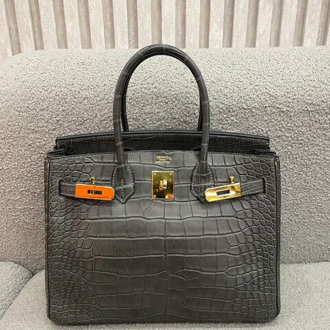 愛馬仕 Hermès Birkin 30 鉑金包 石墨灰 方塊鱷魚 金扣｜D刻