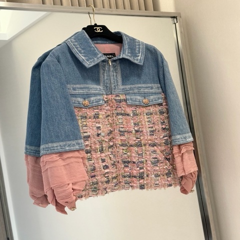Chanel 17年椅子系列牛仔拼粉纱雪纺fr36~~