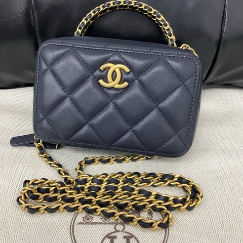 香奈兒Chanel 相機包 藍色羊皮菱格紋化妝包單肩包手提包 斜挎包 芯片款  長14*6*9c