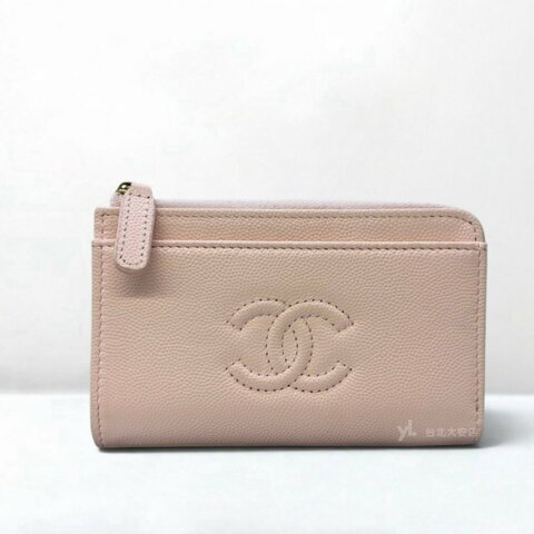 A13538-CHANEL 淡粉色荔枝牛皮L拉零錢卡包AP4661